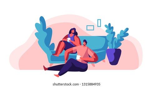 Lovers Couple Relax at Weekend. Man and Woman Sit on Comfort Sofa. Happy Pair Drink Tea or Coffee. Character Hold Cup. People Day Off Leisure Lifestyle Flat Cartoon Vector Illustration