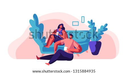 Lovers Couple Relax at Weekend. Man and Woman Sit on Comfort Sofa. Happy Pair Drink Tea or Coffee. Character Hold Cup. People Day Off Leisure Lifestyle Flat Cartoon Vector Illustration