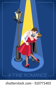 Lovers Couple Romantic Love Concept People Unique Isometric Realistic Poses 3D Flat Illustration True Love in Paris French Kiss Under a Streetlight Vector JPEG JPG EPS 10 Image AI Object Picture Art