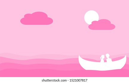 Lovers couple sit on a boat in the middle of the sea. Vector pink color illustration for honeymoon or Valentine day. 