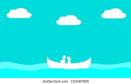 Lovers couple sit on a boat in the middle of the sea. Vector pink color illustration for honeymoon or Valentine day. 