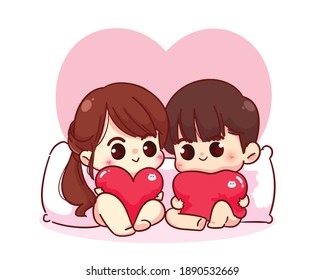 Lovers couple Sitting with a pillow heart shaped Happy valentine cartoon character illustration Premium Vector