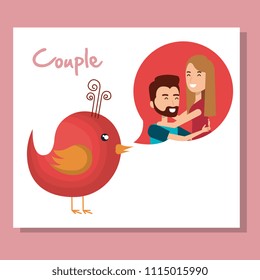 lovers couple with speech bubble and bird