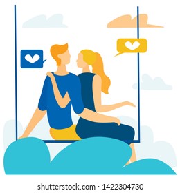 Lovers Couple Swinging among Clouds in Sky Flat Illustration. Man and Woman Hugging and Talking about Love while Sitting on Swing. Romantic Relationships and Happiness. Vector Metaphor Cartoon