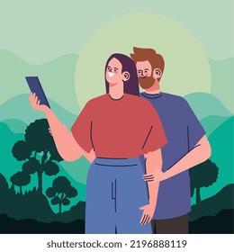 pareja de amantes tomando un selfie. Ilustración 3D
