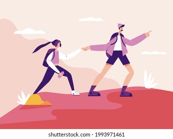 Lovers couple of traveler. A couple travel on mountain. Happy man character takes a girl's hand and walks up the mountain to see nature. Hipster Hiking Tourism