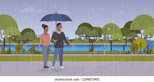 lovers couple under umbrella african american man woman romantic walking in rain city urban park landscape background full length characters flat horizontal