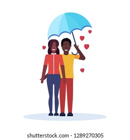 lovers couple under umbrella happy valentines day holiday concept african american man woman romantic walking in rain over heart shapes full length characters flat isolated