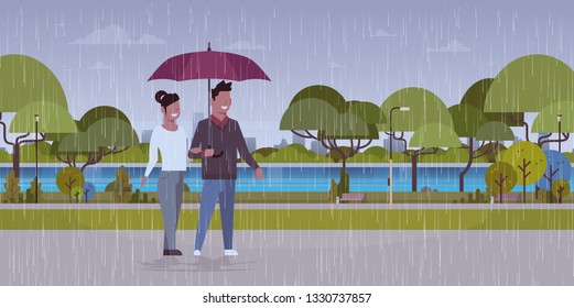 lovers couple under umbrella man woman romantic walking in rain city urban park landscape background full length characters flat horizontal