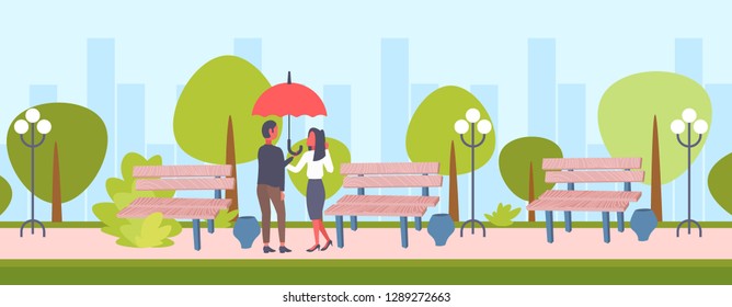 lovers couple under umbrella rear view man woman romantic walking in rain city urban park cityscape background full length male female characters flat horizontal