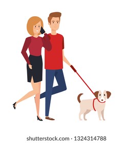 lovers couple walking with dog