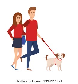 lovers couple walking with dog