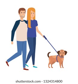 Lovers Couple Walking With Dog