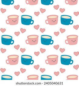 Lovers cups in kawaii style seamless pattern. Character cups and heart background. Print for Valentines Day and wedding concept. Cute mugs with hot drink and smiles, vector illustration