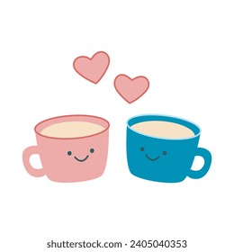 Lovers cups kawaii style. Two character cups and heart, Valentines day and wedding concept. Cute mugs with hot drink and smiles, isolated vector illustration