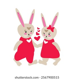 Lovers cute cartoon hares in red clothes with hearts - vector illustration for packaging design, cards, banners, print for clothes