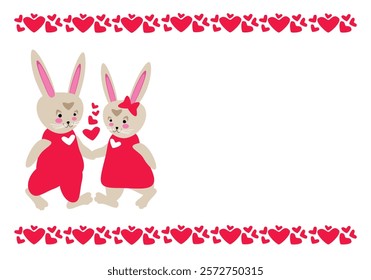 Lovers cute cartoon hares in red clothes with hearts and frame of hearts with place for text - vector background for design of cards, banners, invitations for holidays Valentine's Day, weddings