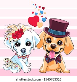 Lovers cute cartoon labrador retriever dogs, yellow labrador gentleman in a hat and bow tie and white labrador lady in skirt and hat with flowers