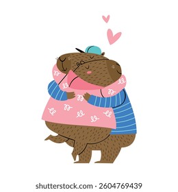 Lovers cute funny capybaras hugging. Vector hand drawn characters.