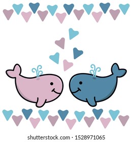 Lovers cute whales, pink and blue hearts. Graphics for Valentine's day cards. Cartoon vector illustration.