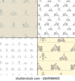 Lovers, cyclists, jogging, beach game. People linear silhouette. Continuous line. Pattern set