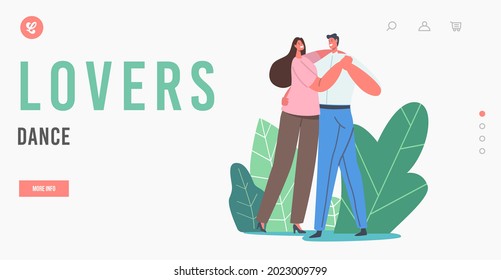 Lovers Dance Landing Page Template. Young Couple Dancing Waltz or Tango. People Active Lifestyle, Man and Woman Dancer Partners Characters Spend Time Together, Dance Hobby. Cartoon Vector Illustration