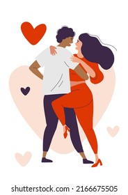 Lovers dance the tango. Passionate dance. Dancers in red and black dance Salsa and bachata. A man and a woman move at a dance festival.