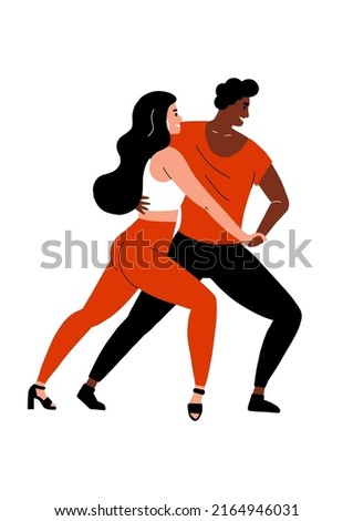Lovers dance the tango. Passionate dance. Dancers in red and black dance Salsa and bachata. A man and a woman move at a dance festival.