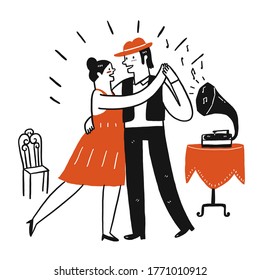 Lovers are dancing happily, Hand draw doodle style, Vector Illustration