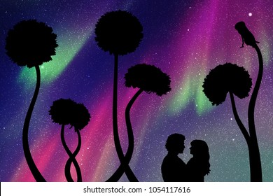 Lovers and dandelions at night. Vector illustration with silhouette of loving couple. Northern lights in starry sky