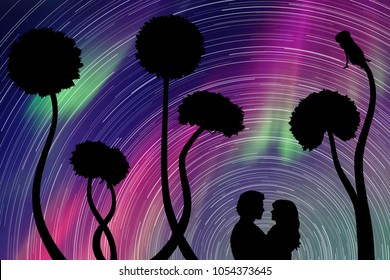 Lovers and dandelions at night. Vector illustration with silhouette of loving couple. Rotation of stars. Northern lights in starry sky