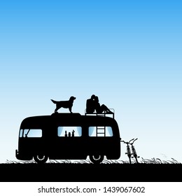 Lovers and dog on roof of cartoon retro car. Vector illustration with silhouette of couple on campsite. Family road trip. Blue pastel background