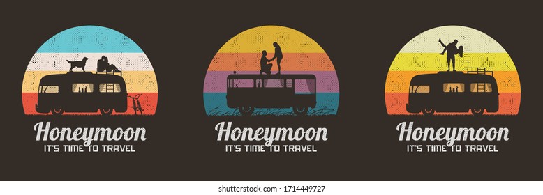 Lovers And Dog On Roof Of Retro Car. Set Of Retro Illustrations With Silhouettes Of Loving Couples In Road Trip. Guy Carry Girl, Romantic Marriage Proposal. Vector Backgrounds For Prints, T-shirts