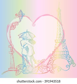 Lovers in Eiffel tower under umbrella. Sketchy style.