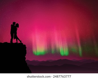 Los amantes se abrazan. Pareja en el acantilado. Luz polar roja en el cielo nocturno