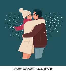 The lovers embrace and kiss. Man and woman in winter clothes. Romance. people under the snow. Vector image.