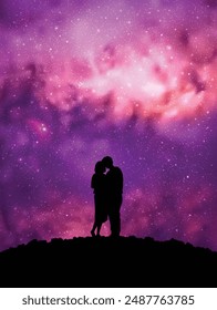 Lovers embrace on top of mountain. Romantic night sky with pink nebula