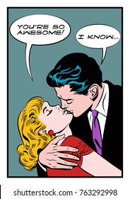 Lovers Embrace. Stylization under the Retro Comic Book Love Scene