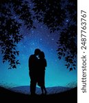 Lovers embrace under tree. Couple silhouette. Romantic night blue sky