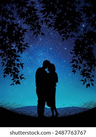 Lovers embrace under tree. Couple silhouette. Romantic night blue sky