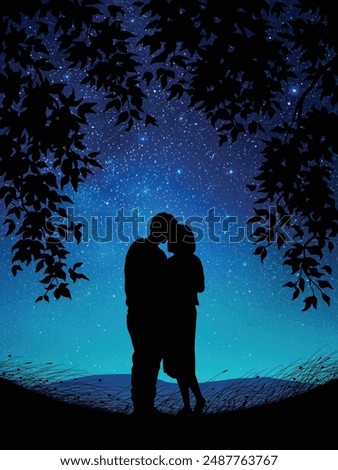 Lovers embrace under tree. Couple silhouette. Romantic night blue sky