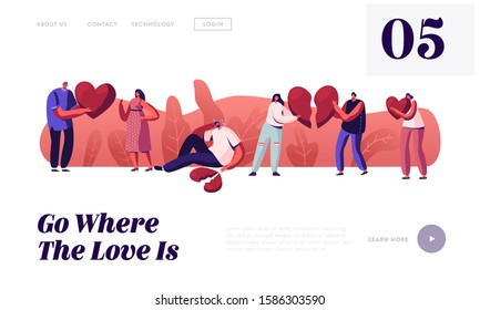Lovers in End of Loving Relations Website Landing Page. Young Man and Woman Pull Apart Broken Heart Parts Blaming Each Other Feel Great Sorrow Parting Web Page Banner. Cartoon Flat Vector Illustration