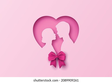 Concepto de amor y Día de San Valentín con un abrazo de amante, estilo de corte de papel