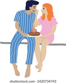 Lovers feed each other food. They sat together. One of them eats, and the other feeds. They look happy. Vector illustration of loving young couple, togetherness for the future.