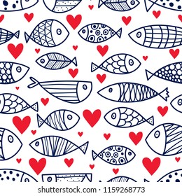 Lovers of fish. Cute vector line seamless pattern.