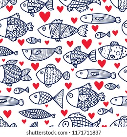 Lovers of fish. Cute vector line seamless pattern. Endless pattern can be used for ceramic tile, wallpaper, linoleum, textile, web page background.