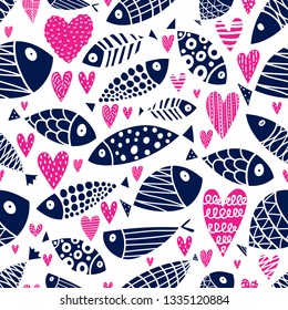 Lovers of fish. Cute vector line seamless pattern. Endless pattern can be used for ceramic tile, wallpaper, linoleum, textile, web page background.