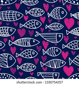 Lovers of fish. Vector seamless pattern with white fish on blue background and red hearts. Can be used for fabrics, textiles, scrapbooking and backgrounds.