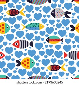 Amantes del pescado. Patrón vectorial sin fisuras con peces blancos sobre fondo azul y corazones rojos. Se puede utilizar para tejidos, textiles, rayado y fondos.