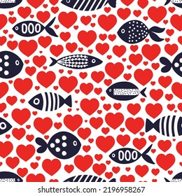 Lovers of fish. Vector seamless pattern with blue fish on blue background and red hearts. Can be used for fabrics, textiles, scrapbooking and backgrounds.